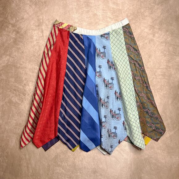 Vintage 70s Handmade Neck Tie Patchwork Skirt Multicolor Novelty Boho Maximalist - Picture 2 of 6